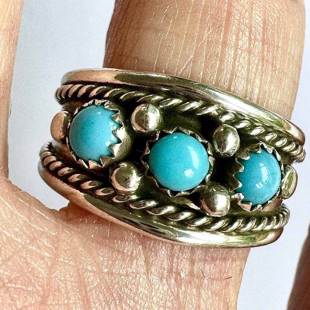 Navajo Turquoise Mens‎ Band Sz 12 Ring 13mm Three Stone Sterling Native Rope
